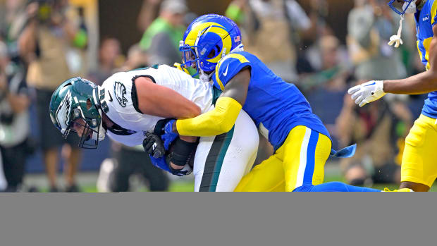 Oct 8, 2023; Inglewood, California, USA; Philadelphia Eagles tight end Dallas Goedert (88) drags Los Angeles Rams safety Russ Yeast (2) into the end zone for a touchdown in the first half at SoFi Stadium.
